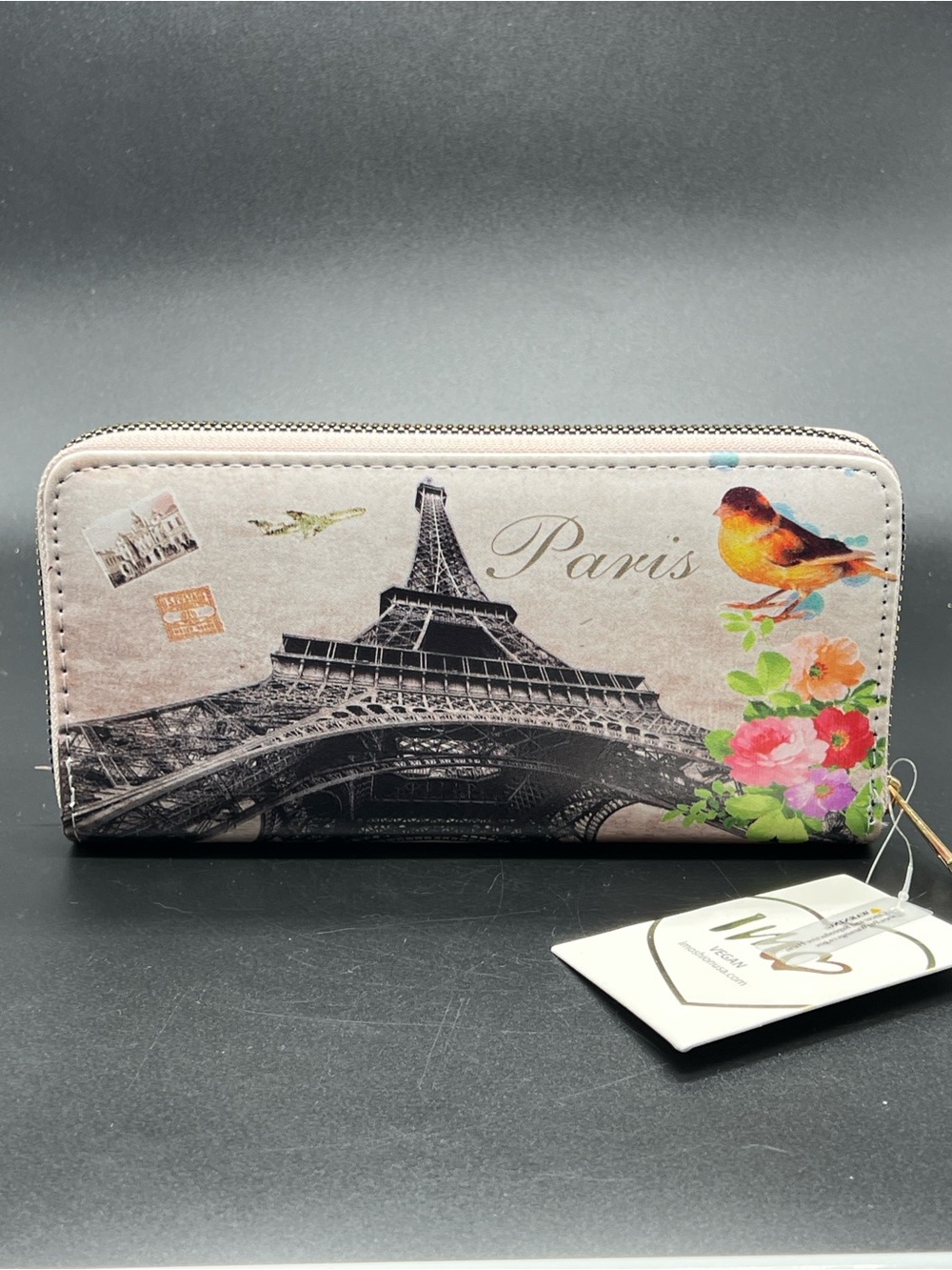 Paris Eiffel Tower Zip Around Wallet NEW Vegan Leather Floral Bird Travel Wallet